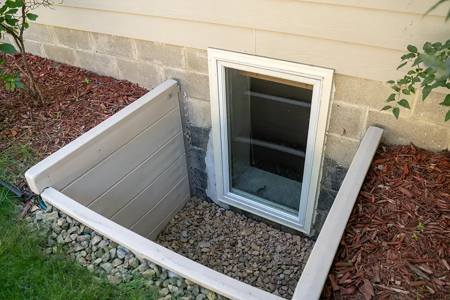 New Egress, basement window with plastic lining and strategically placed rocks and mulch - Edwardsville, IL