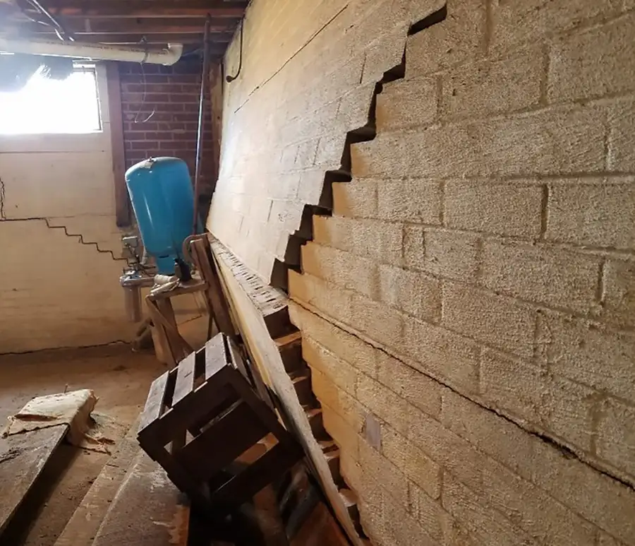 badly damaged home brick concrete foundation, bowing basement walls, stair-step cracks, caving in - Edwardsville, IL